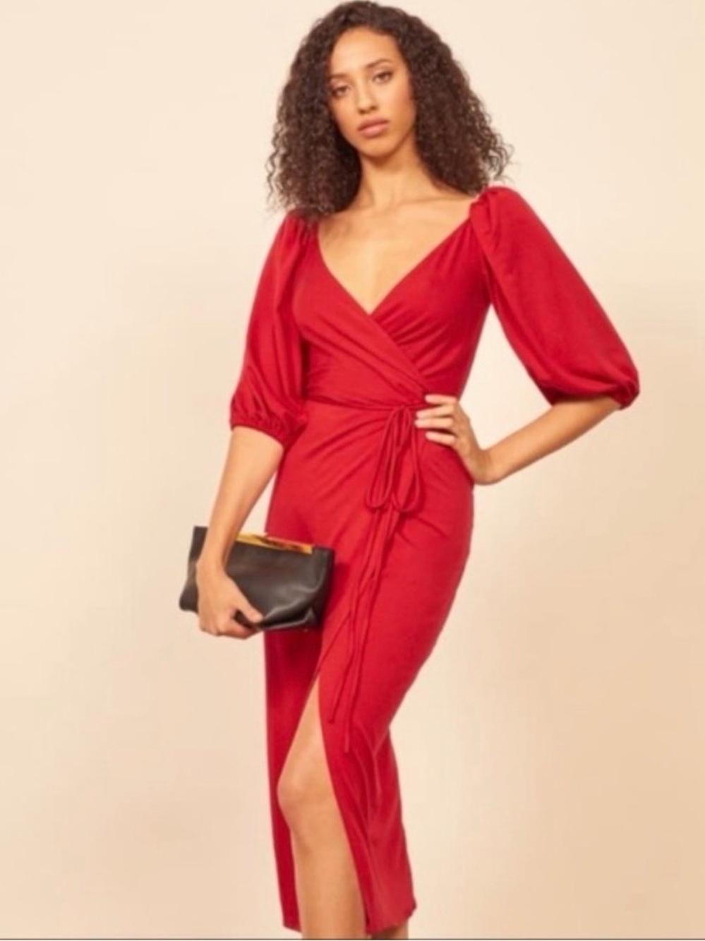Reformation Red Solid Wrap Midi Dress V-Neck Puff 3/4 Sleeve Side Slit XS